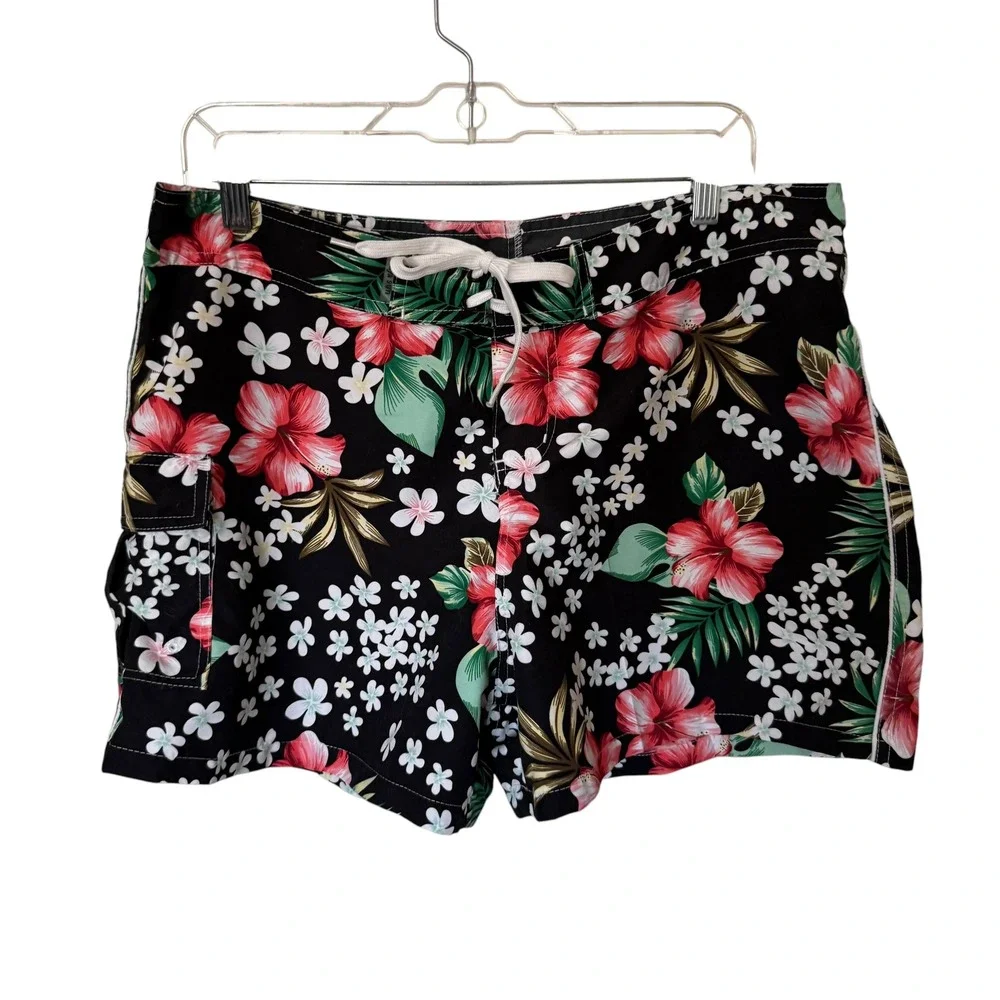 Raya Sun Board Shorts Women‎ XL Black Red Hibiscus Tropical Floral Cargo Pocket